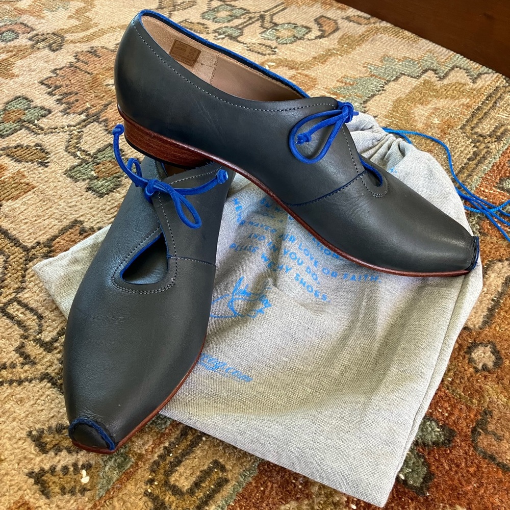 John Fluevog Gray Lace Up Leather Shoes With Blue Suede Laces And Trim